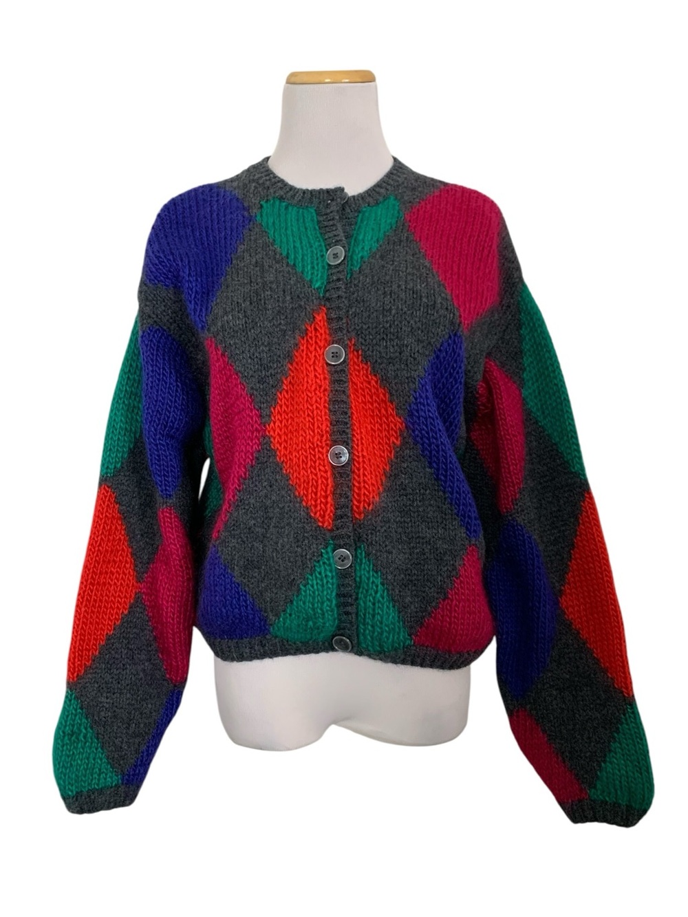 Vintage Liz Claiborne Hand Knitted Wool Mohair Cardigan Sweater Women’s S Argyle